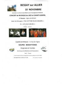 Concert Jazz et Gospel. Le samedi 10 novembre 2018 à Bessay sur Allier. Allier.  19H00